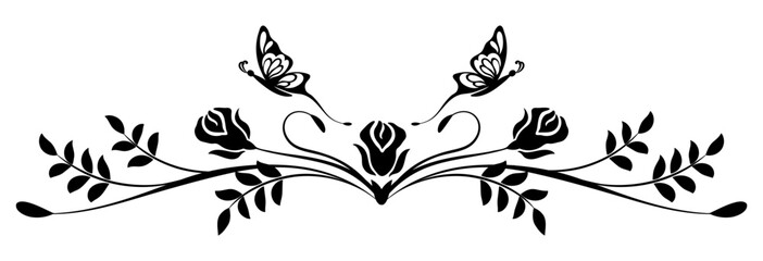 Wave ornament with roses flowers, leaves and butterflies. Text divider. Decorative element for decor and text greeting or invitation card design.