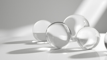 Clear glass spheres create abstract composition with soft shadows and reflections on smooth surface. interplay of light enhances serene atmosphere, inviting contemplation