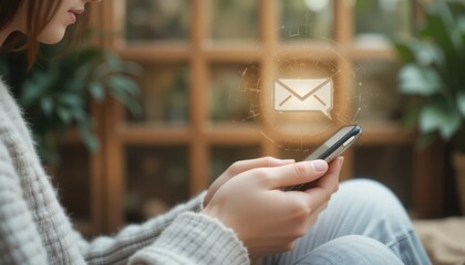 Young Woman Receiving Digital Message on Phone with Email Symbol Above Screen, Seamless Mobile Communication in Eco-Friendly Interior Atmosphere