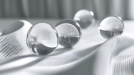 Translucent spheres rest elegantly on soft abstract fabric, creating serene atmosphere. interplay of light and shadow enhances beauty of scene, inviting contemplation