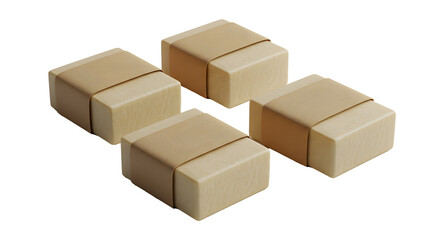 Four tan parcels arranged in a square formation with string on a plain background isometric view on transparent background