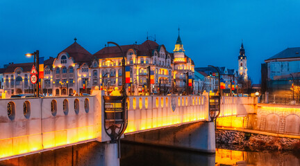 Oradea, Romania with historic buildings in Union Square , The Capital of Art Nouveau. Western Transylvania in Romania. Historical cultural city in europe