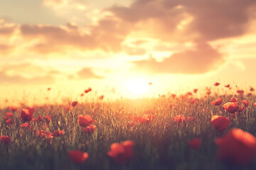 Dreamy Poppy Field Landscape at Sunset with Glowing Skies and Soft Light