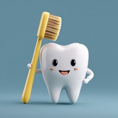 Cute tooth character holding toothbrush emphasizes dental hygiene for children and families during health awareness month