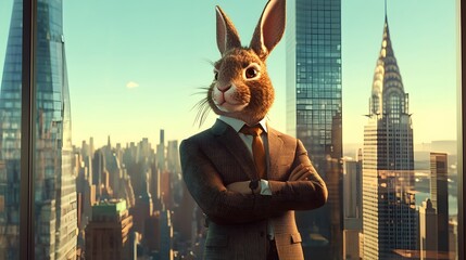 A sophisticated urban rabbit in a business suit overlooking a cityscape.