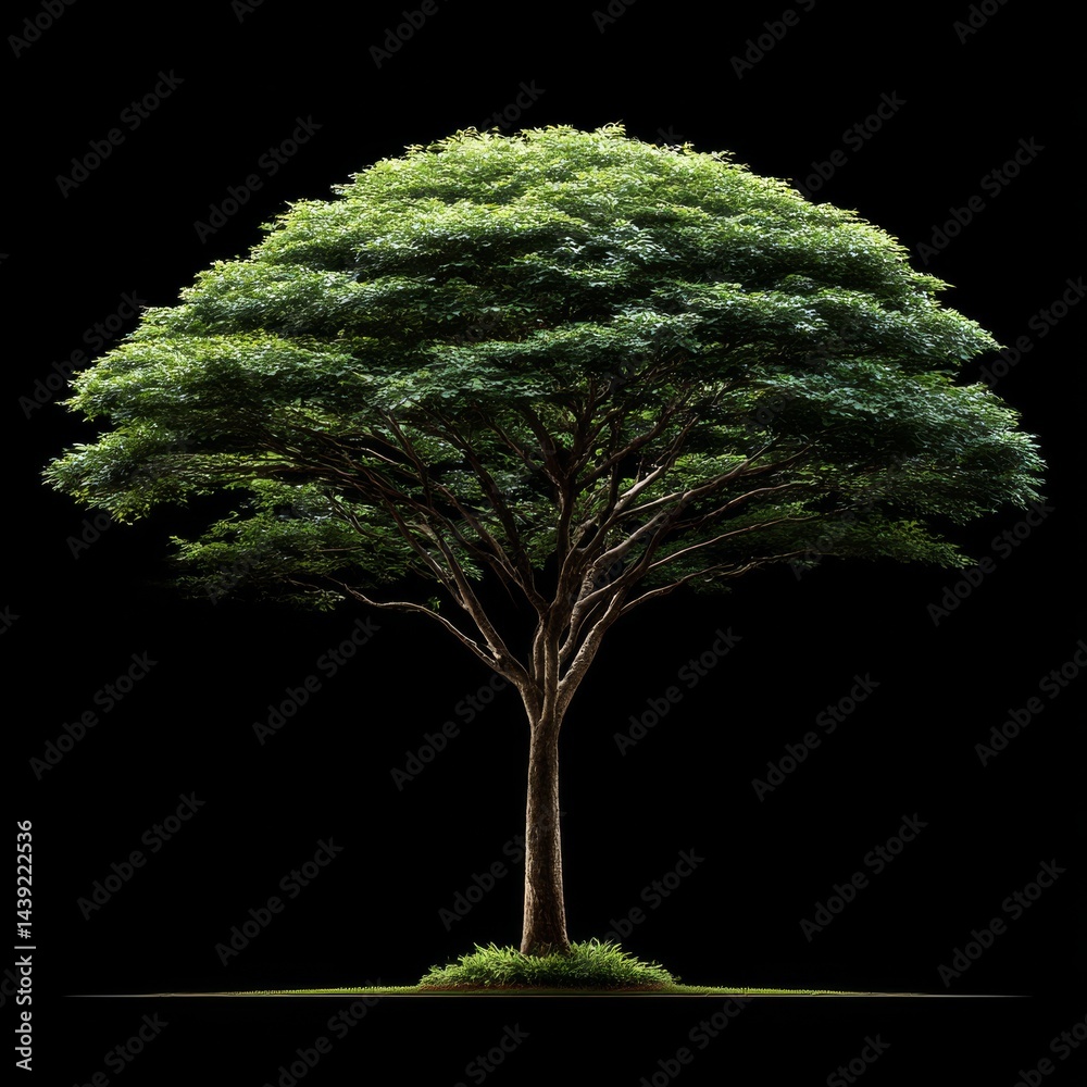 Poster isolated majestic tree: a verdant specimen standing tall against the void of darkness in stark contr