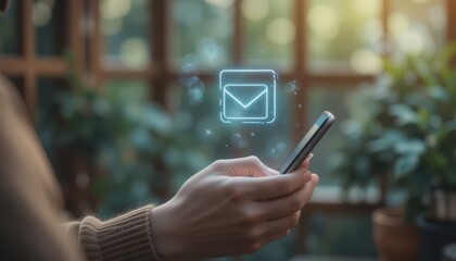 Close-Up of Female Hands Using Mobile Phone with Email Icon Floating, Depicting Online Messaging and Real-Time Notification in Cozy Natural Environment