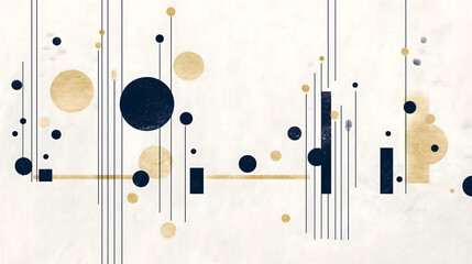 Abstract shapes and lines create visually striking composition with circles and rectangles in gold and navy blue tones. This artwork evokes sense of modern elegance and creativity