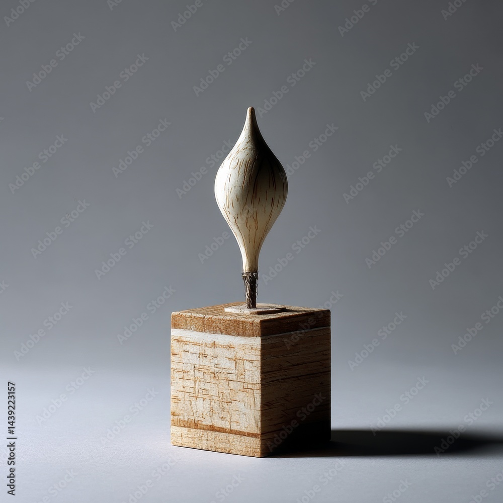 Aufkleber minimalist still life: stylized bulb on a wooden cube, subtle lighting and shadows create an artisti