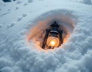 lit lantern glowing inside snow cave with reflections