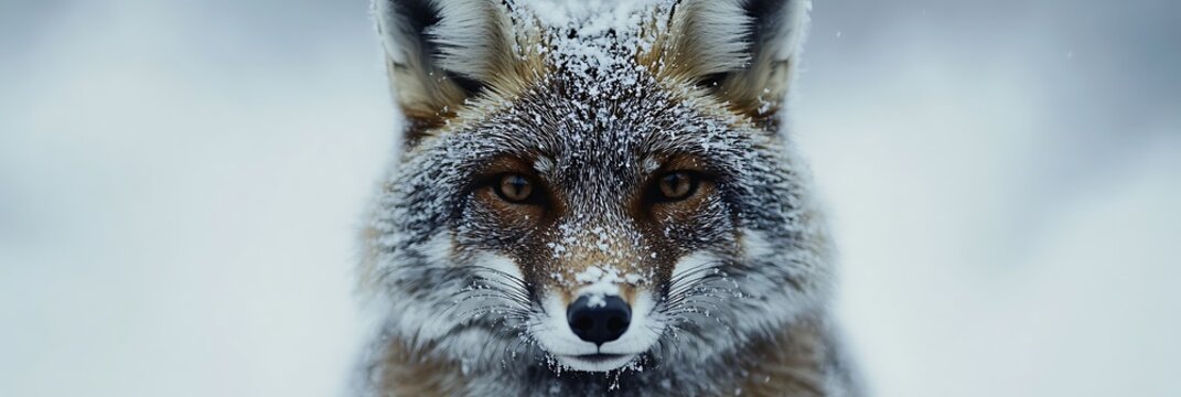Close-up snowy fox in winter scene. Stock photo use