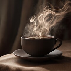 Fototapeta premium Warm cup of coffee emits steam in cozy indoor setting during early morning hours