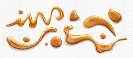 Caramel sauce syrup realistic splashes and drops set on transparent background. Flowing liquid toffee in various shapes, golden brown color sweet food topping decoration. Melted candy blobs and drips