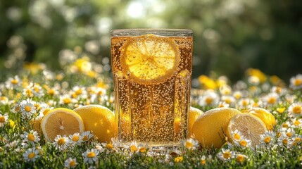 Sparkling Lemon Drink Amidst Daisy Meadow