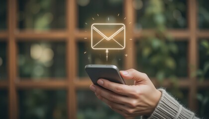 Close-Up of Female Hands Using Mobile Phone with Email Icon Floating, Depicting Online Messaging and Real-Time Notification in Cozy Natural Environment
