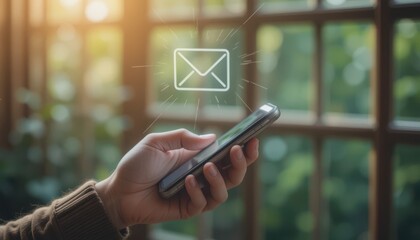 Close-Up of Female Hands Using Mobile Phone with Email Icon Floating, Depicting Online Messaging and Real-Time Notification in Cozy Natural Environment