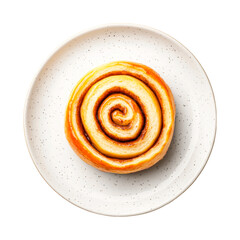 Fototapeta premium Delicious baked cinnamon roll on white plate, cut out - stock png.