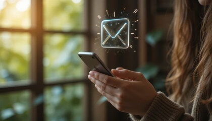 Close-Up of Female Hands Using Mobile Phone with Email Icon Floating, Depicting Online Messaging and Real-Time Notification in Cozy Natural Environment