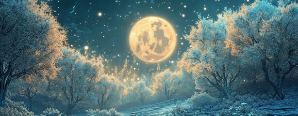 Enchanted winter night scene with a large full moon illuminating snowy trees and sparkling lights.