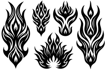 Vector fire flames set with tribal tattoo design and hot orange burn element
