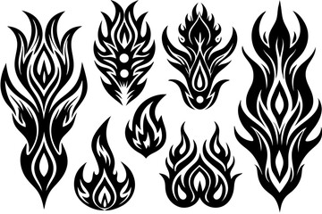 Tribal tattoo set features vector design elements with black tribal patterns, animal illustrations like lion and tiger, and decorative ornaments