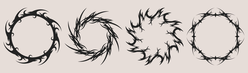 Obraz premium Tribal tattoo circle frames set - round borders made of swirling sharp thorn vines, black spiked curls forming rings. Vector design elements of gothic patterns, dark abstract decorative circular stamp
