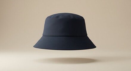 Navy Bucket Hat Floating on Neutral Background Studio Shot