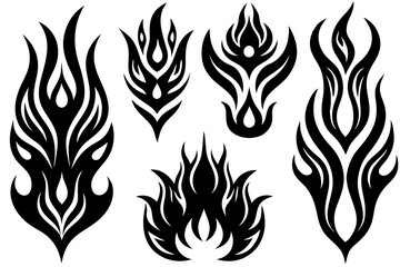 Vector set featuring tribal tattoo designs with fire flame illustrations and abstract ornaments