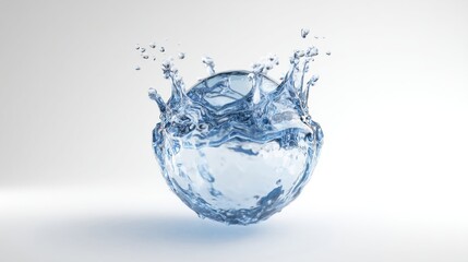 Water sphere creates dynamic splash in white background with vibrant blue tones and lively droplets