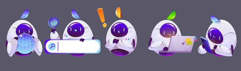 Chatbot ai robot characters set - friendly helpers in various emotional states searching and thinking, exclaiming and working with device interfaces. Cute bots illustrations for messenger app design.