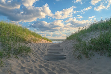 Scenic beach access with dune grass and a captivating cloudscape overhead