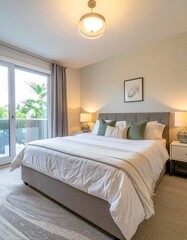 Fototapeta premium cozy bedroom in a rental home with soft lighting and charming decor, offering a serene atmosphere