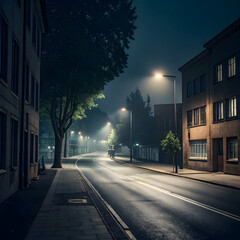 Fototapeta premium Misty Night Street Scene: Urban Cityscape at Night on transparent background