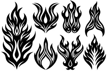 Tribal tattoo vector design set features floral and fire patterns, incorporating vintage ornaments and abstract tribal art elements as black silhouettes