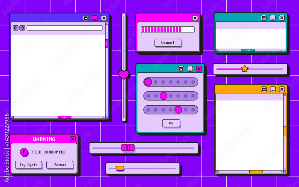 Poster retro ui interface elements set - browser windows, error pop up, loading bar, form and buttons. pink
