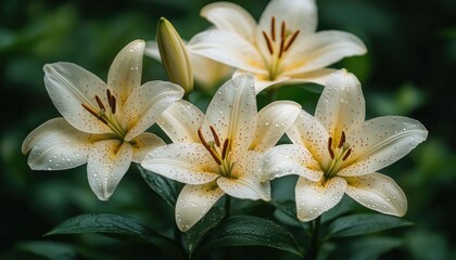 Obraz premium Elegant lily flowers with rain drops and speckled petals bloom in garden. Use it for floral designs, invitations, or nature-themed projects.