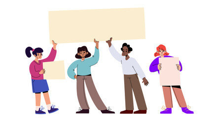 Fototapeta premium Diverse cartoon characters holding blank placards, standing together - various women and men with signs for slogans or messages. Vector illustration of protesters or activists on demonstration event.