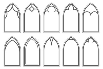 Church gothic windows with arched frames and stained glass. Cathedral medieval architecture shapes. Silhouettes of castle doors isolated on white background. Classic catholic interior decoration