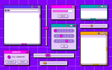 Retro ui interface elements set - browser windows, error pop up, loading bar, form and buttons. Pink purple 90s style widgets collection on neon grid background for website design, game menu screen.