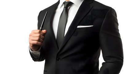 Formal male figure in business attire holding a pen.