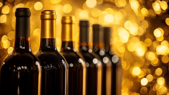 Elegant display of wine bottles with shimmering golden bokeh backdrop