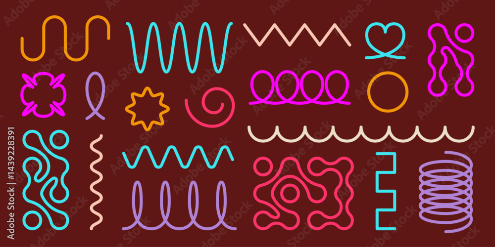 Poster colorful metaball and spring spiral coil elements set - flexible zigzag waves, wavy random tangled l