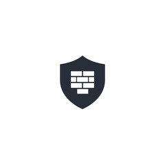 Flat vector icon of shield with block wall, symbol of firewall, digital protection, cybersecurity, threat blocking and network defense.