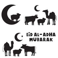Eid Al-Adha Mubarak. Holiday banner. Graphic design. Silhouettes of animals. Vector illustration on white background.