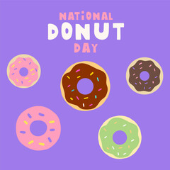 Banner. Tasty sweet food. National donut day. Hand drawn vector illustration on purple background.