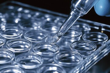 Cell research scientist pipetting samples into a multi well plate during an experiment