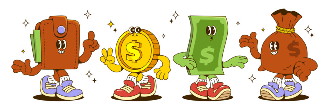 Money retro character set - cartoon wallet and coin, banknote and bag mascots with hands, legs and facial expressions. Quirky vintage style financial clipart for economic education or banking blog.