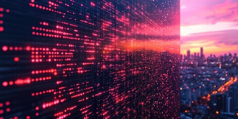 Red Data Stream Over City Skyline at Sunset