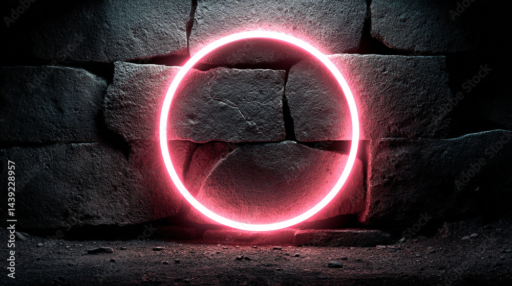 Wall mural red neon circle frame on dark wood display a realistic and isolated retro circle neon billboard for 