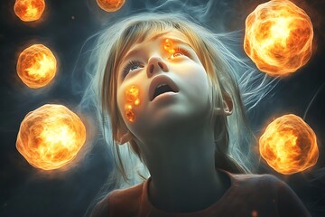 Ethereal orbs emanating from young girl's head surreal fantasy art dark atmosphere close-up view